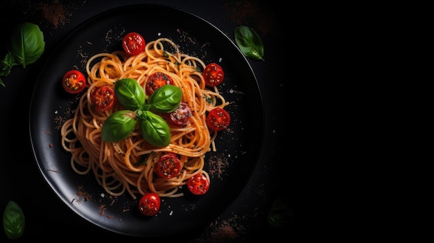 Top view of Dark plate with Italian spaghetti on dark