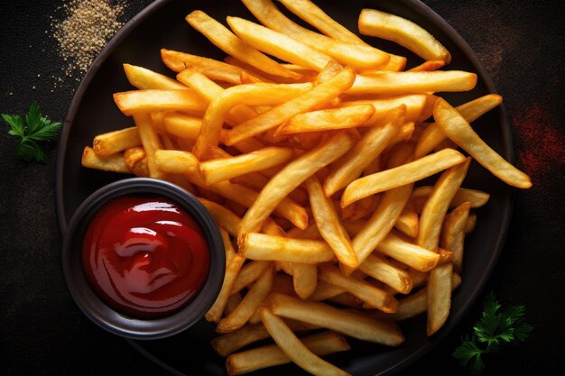 Top view of dark table with French fries and ketchup