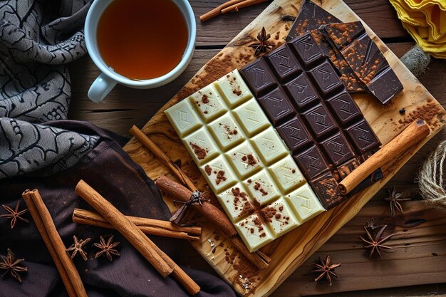 Top view of dark and white chocolate bars with cinnamon sticks on a wooden board and a cup of tea on