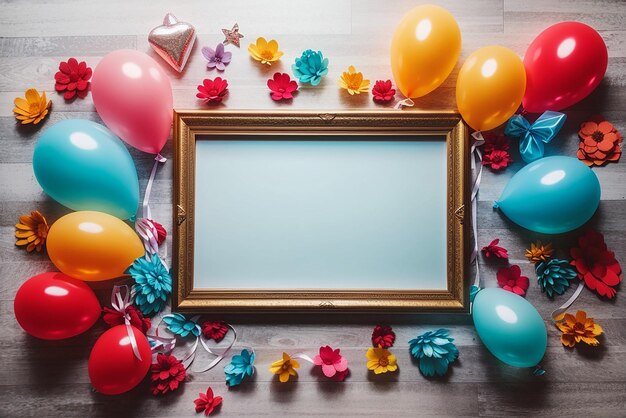 Top view decoration with balloons and frame