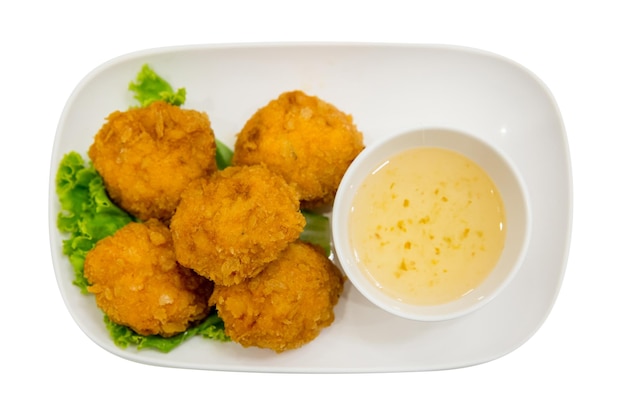 Top view of Deep fried Shrimp Cake with sweet sauce focus selective