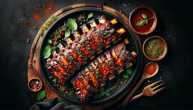 A top view of delicious barbecued ribs seasoned with a spicy basting sauce and served