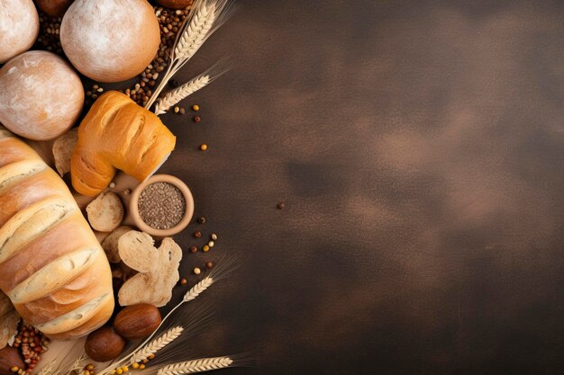 Foto vista dall'alto della deliziosa composizione del pane sfondo e spazio di copia