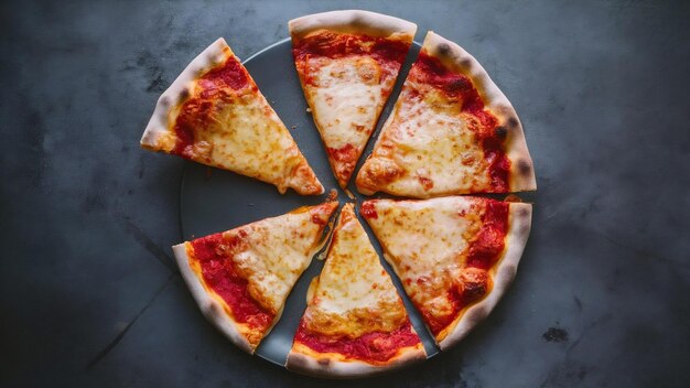 Top view delicious cheese pizza sliced and served on gray surface