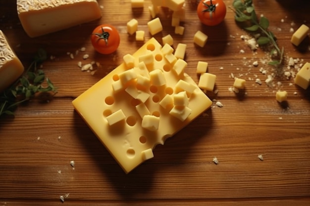 Top view of a delicious cheese on a wooden table Generative AI