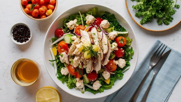 Photo top view delicious chicken salad with mayyonaise and vegetables on white desk snack ripe color meat