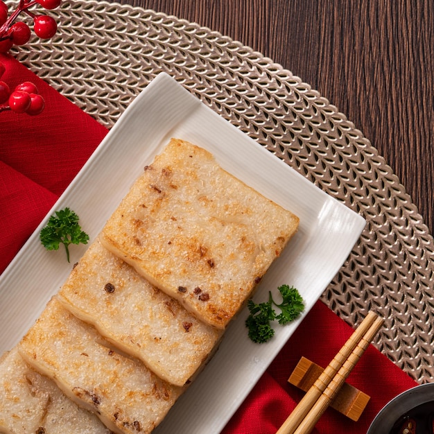 Top view of delicious Chinese radish cake for lunar new year celebration cuisine.