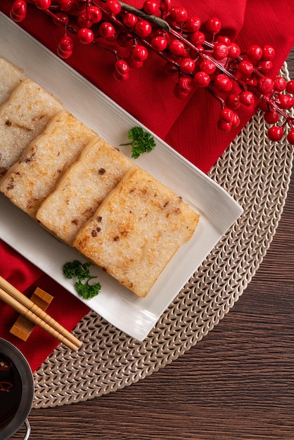 Top view of delicious Chinese radish cake for lunar new year celebration cuisine.