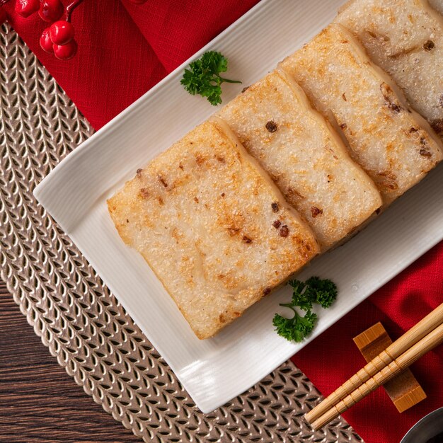 Top view of delicious Chinese radish cake for lunar new year celebration cuisine.