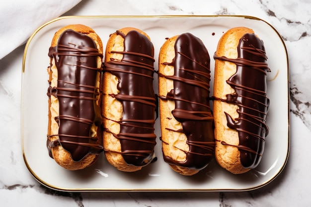 Photo top view delicious choco eclairs with cookies on white table cake cookie dessert