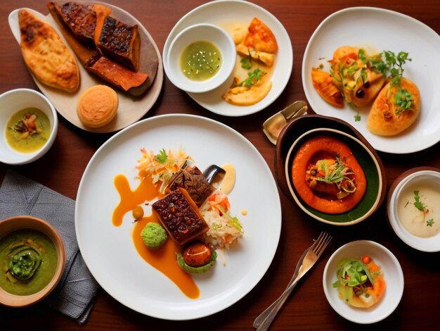 Top view of delicious food meal on plate of table background