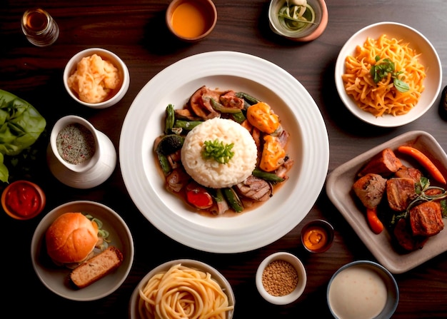 Top view of delicious food meal on plate of table background