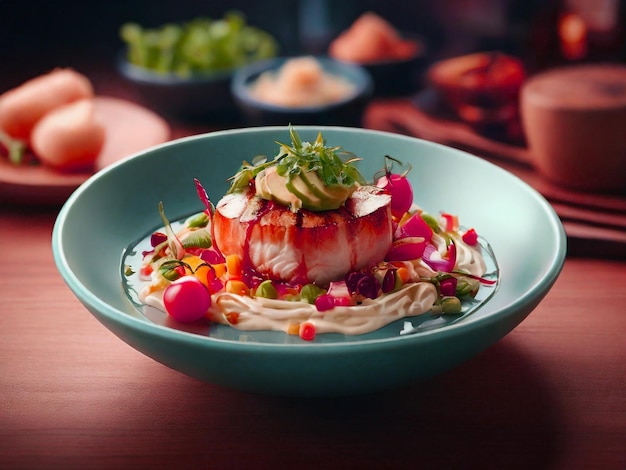 Top view of delicious food meal on plate of table background