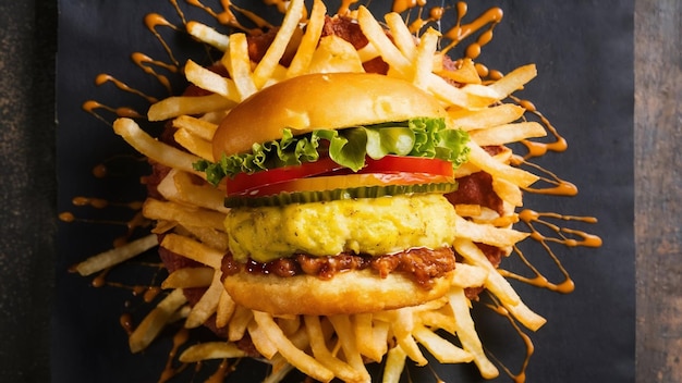 Photo top view delicious french fries inside plate on a dark background potato burger meal sandwich dinne