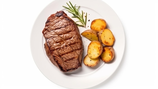 Top view of delicious grilled beef steak and rustic potatoes wedges AI Generative