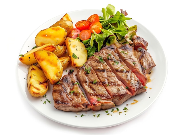 Top view of delicious grilled beef steak and rustic potatoes wedges with vegetable s Generative AI