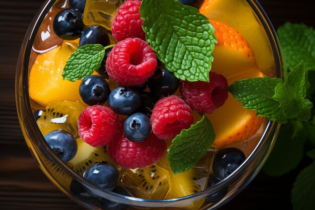 Top view of a delicious and healthy fruit salad in a glass bowl on a wooden table