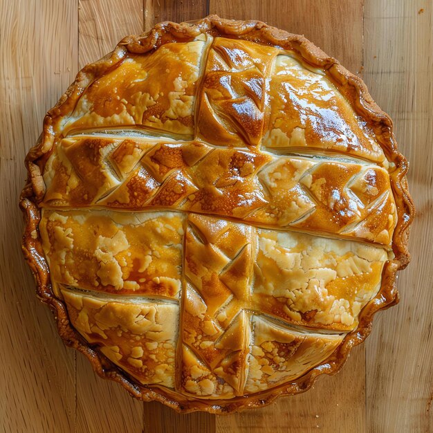 Photo top view of a delicious homemade chicken pot pie with a golden brown crust sitting on a wooden table