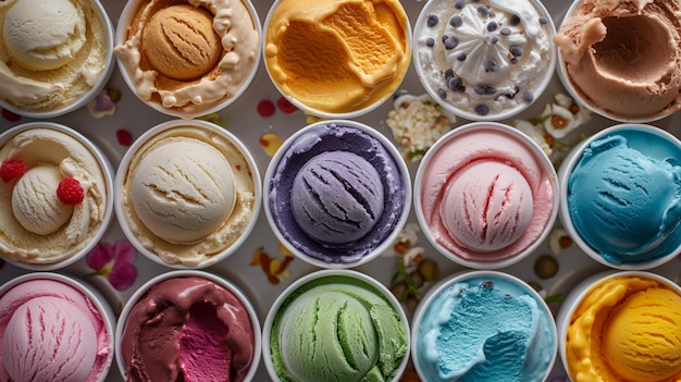 Photo top view of delicious ice cream in different colors and flavors ice cream showcase colorful and appetizing ice creams arranged in a display case