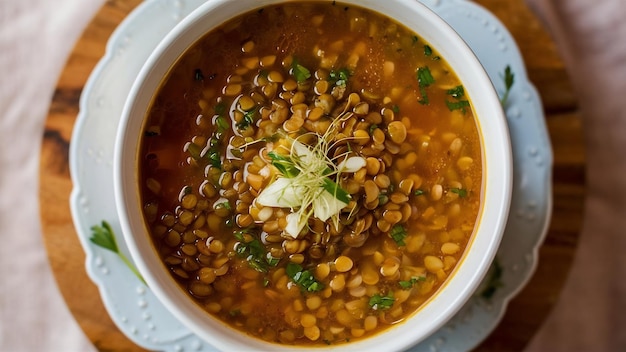 Top view delicious lentils soup inside plate on a light surface plant soup color photo food seed di