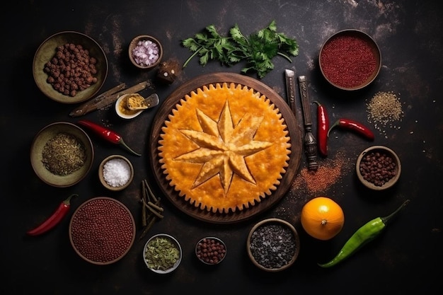 Top view of delicious meat pie with ingredients on dark surface