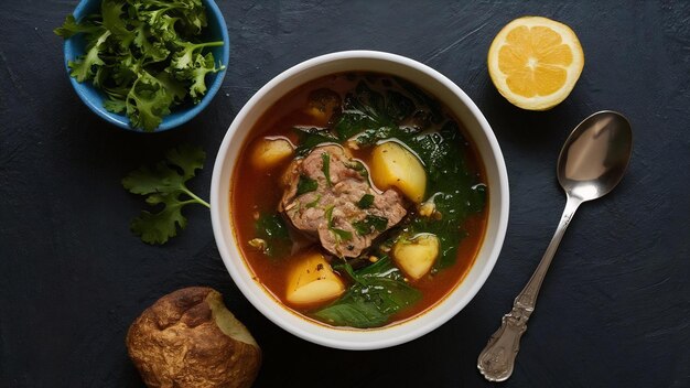 Top view delicious meat soup with greens potatoes on the dark desk