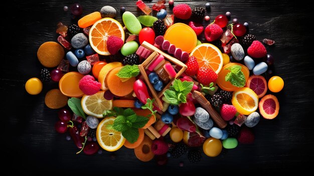 검은 소박한 배경에서 맛있는 다양한 색상의 사탕에 대한 상위 뷰 생성 AI