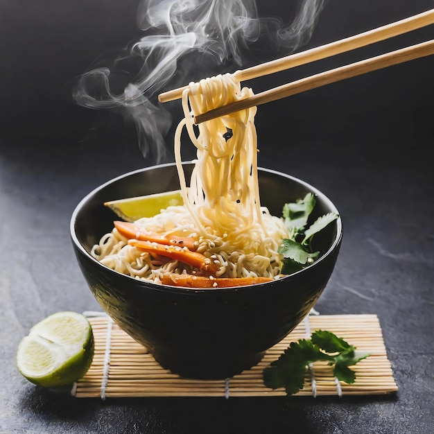 Top view of delicious noodles with chopsticks