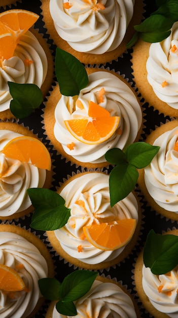 Top view on delicious orange cupcakes