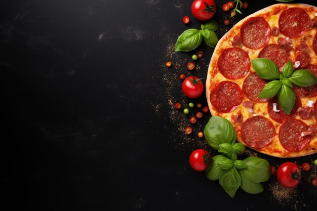 Top view of a delicious pepperoni pizza on a black concrete background accompanied by fresh tomatoes