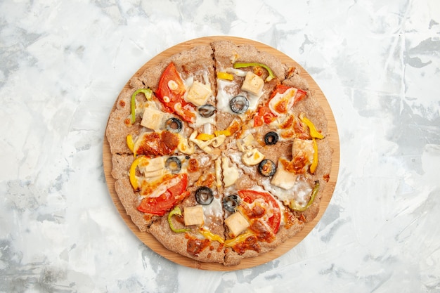 top view delicious pizza with cheese tomatoes and olives on white background fast-food delivery meal dough pie cake bake