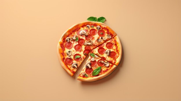 Top view of a delicious pizza with pepperoni mushrooms basil leaves and melted cheese Isolated on a beige background