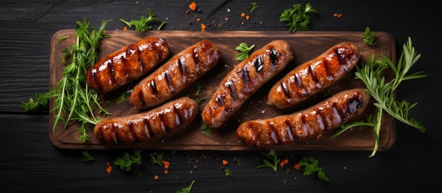 Top view of delicious pork meat sausages known as grilled bratwurst sizzling on a grill with