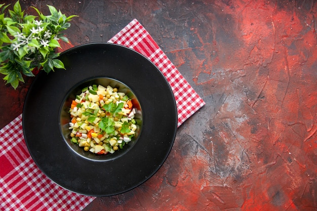 top view delicious potato salad inside dark plate on dark surface dish health diet food dinner lunch bread colour