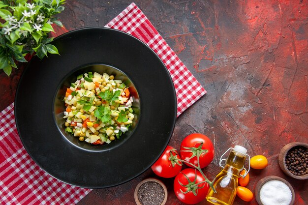 top view delicious potato salad inside dark plate on dark surface dish health diet food dinner lunch meal colour