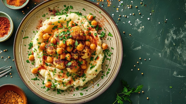 Top view of delicious roasted cauliflower with mashed potatoes