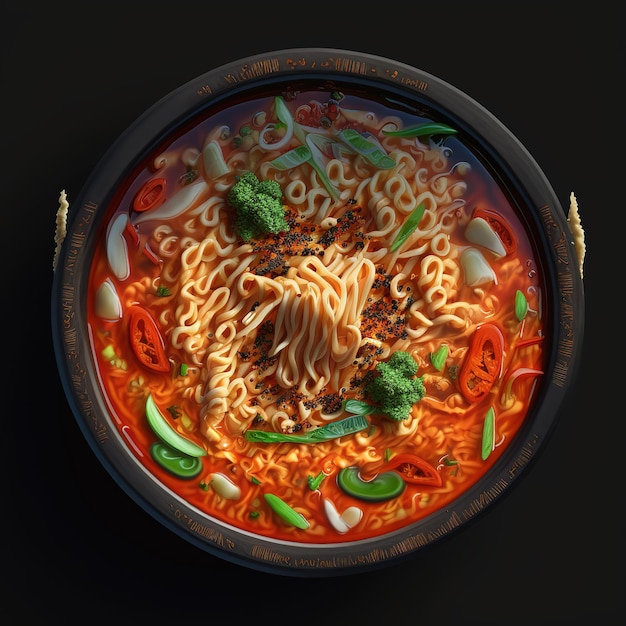 top view of delicious spicy noodle on wooden table