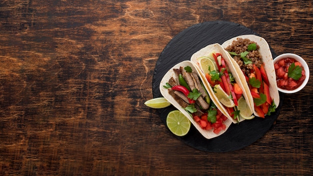 Photo top view delicious tacos with copy space