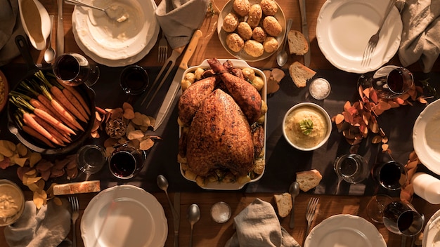 Photo top view of delicious thanksgiving meal