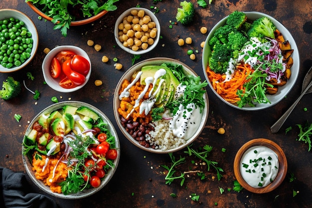 Top view of delicious vegan salad with various vegetables