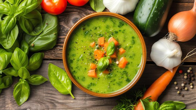 Photo top view of delicious vegetable cream soup in bowl with fresh vegetables and spices on wooden table healthy eating concept