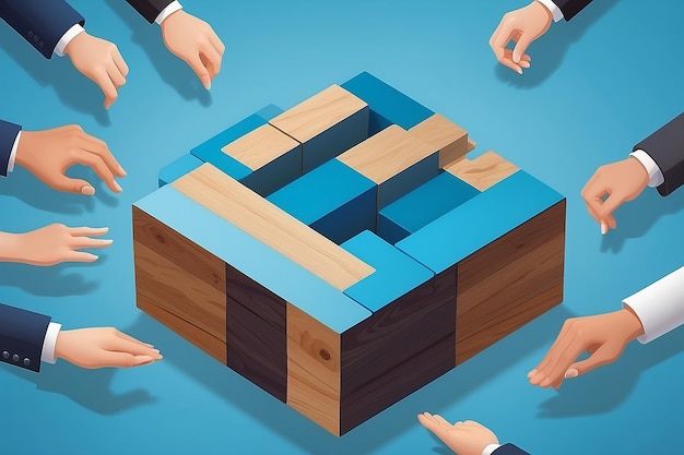 Foto top view design su sfondo blu di hand shaking che stampa schermo su blocco di cubo di legno che connessione con l'icona umana per affare d'affari e concetto di accordo