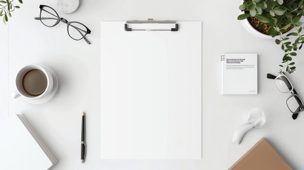 Top view of a desk with a blank clipboard glasses a cup of coffee a pen a plant and a book the desk has a white surface