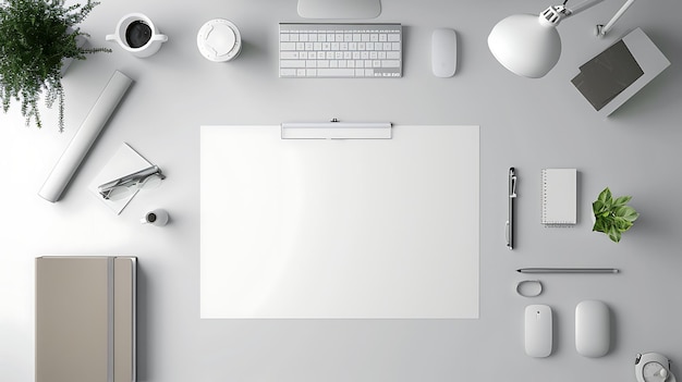 Foto vista superiore di una scrivania con un foglio bianco una tastiera un mouse un quaderno una penna una tazza di caffè e una pianta la scrivania ha un colore bianco