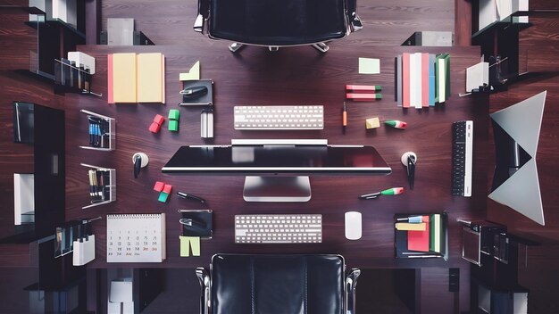 Top view desk with office supplies