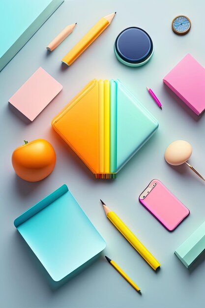 Top view of a desk with school supplies and copy space creative flat lay background