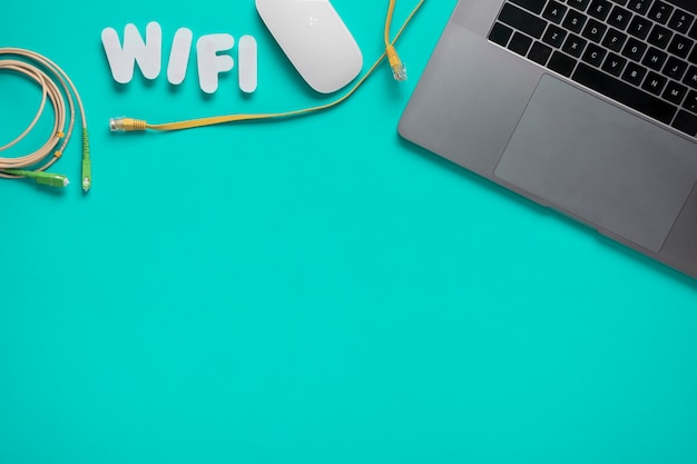 Top view of desk with wifi spelled out