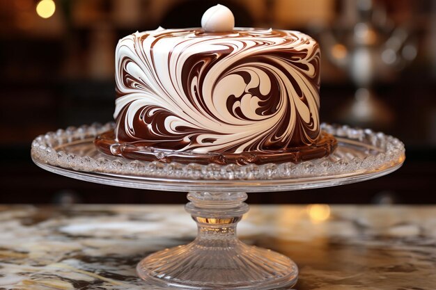 Photo top view dessert chocolate cake with mandarin slices and a glass of tea