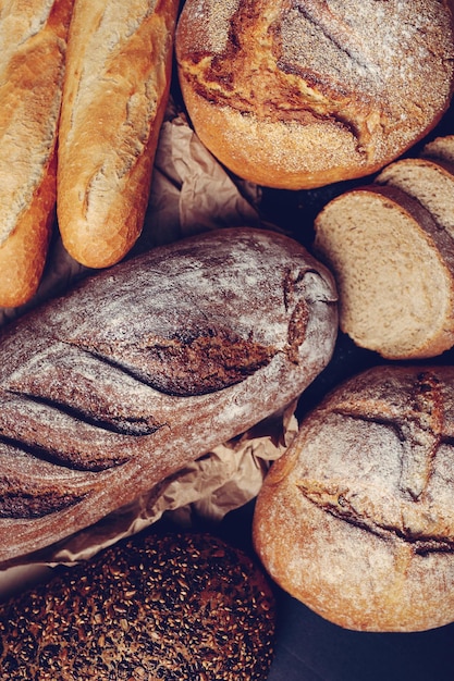 Top view of diferente kinds of baked goods.