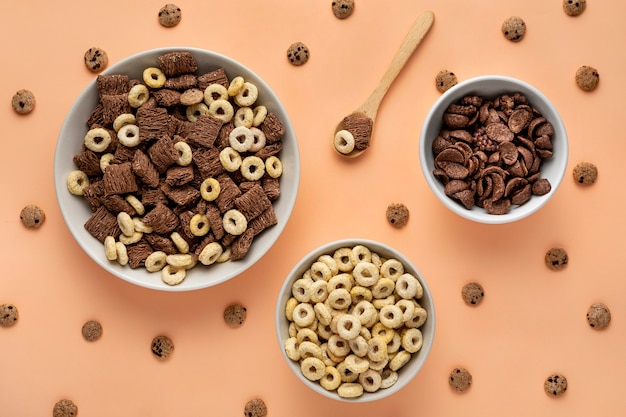 Photo top view of different breakfast cereals